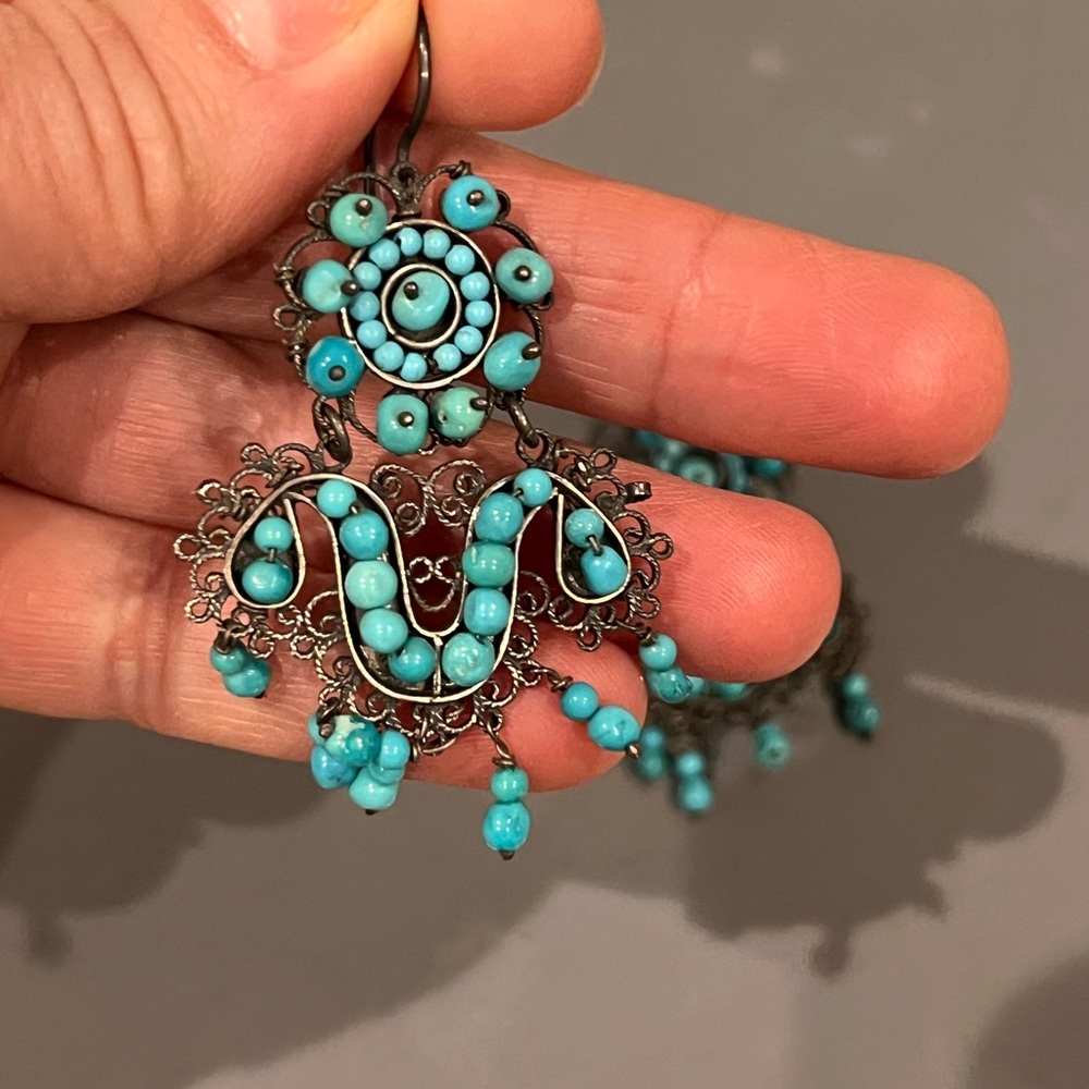 Mexican Silver and Turquoise chandelier earrings - Picture 2 of 4